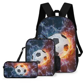 QHVONUPL 3Pcs Cartoon Backpack, Lightweight Daypack Set with Lunch Box Pencil Bag for Teenagers Boys And Girls Travel (Burning Football)