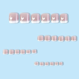24PCS Summer Press on Toenails, Short Square Toe Nails Press ons, Glossy Toe Fake Nails White Toe Nail Tips White Stripe and Heart Design Pinkish Glue on Toenails False Toenails Kits for Women Girls