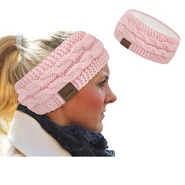 Loritta Womens Ear Warmers Headbands Winter Warm Fuzzy Cable Knit Head Wrap Fleece Lined Gifts, Pure Pink