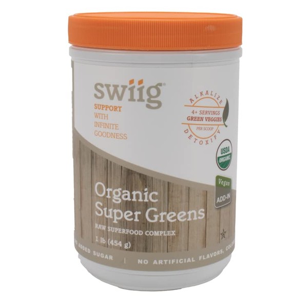 swiig Organic Super Greens Powder, Raw, Vegan, Superfood, No GMO Ingredients, No Added Sugar, No Artificial Flavors, Colors or Sweeteners, No Preservatives, 90 Servings, 1 lb Jar