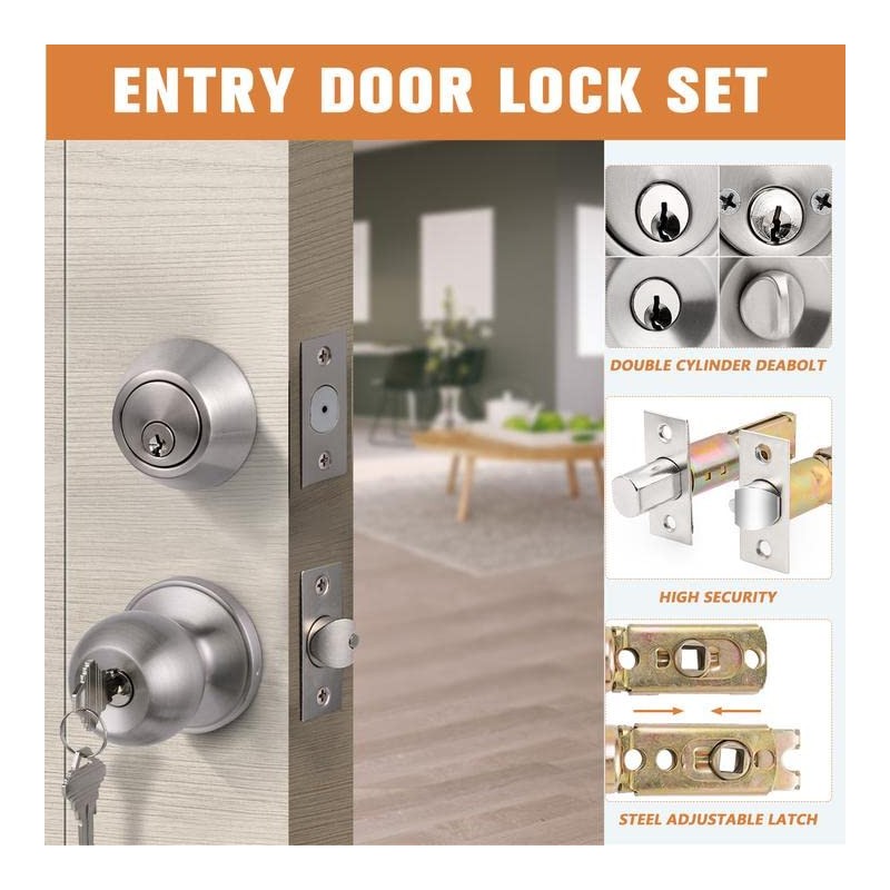 Probrico Satin Nickel Entry Door Knob and Double Cylinder Deadbolt