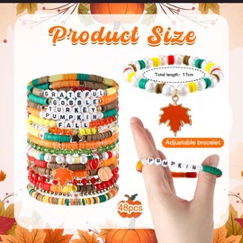 Siifert 48 Pcs Fall Thanksgiving Bracelets Set Heishi Surfer Bracelet Beaded Thanksgiving Bracelets Bulk Autumn Women's Clay Stretch Bracelet for Women Party Supplies Gift