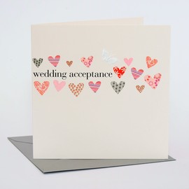 Claire Giles Greeting Cards, Wedding Acceptance Card, Hearts design Wedding Greeting Card, Embellished with a Fabric Butterfly