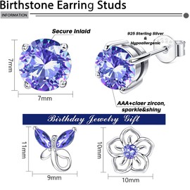 JeweBella 3Para Stud Earrings Children Girls Silver 925 Post with Birthstone Hypoallergenic Cartilage Earrings Girls Flower Butterfly Earrings Gifts for Birthday Christmas for Girls Women, Silver