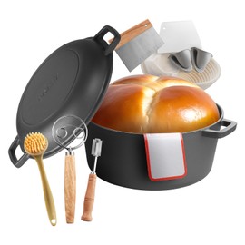 VEVOR Cast Iron Dutch Oven, 2-in-1 Pre-Seasoned Pot with Skillet Lid, 5QT Cookware Pan with Proofing Basket, Bread Baking Accessories, Bread-Oven Compatible 500℉