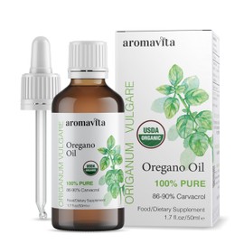 AROMAVITA Essential Organic Oil of Oregano-100% Pure Undiluted Greek Oregano Oil with Carvacrol - Over 86%, Non-GMO, Extra Strength Oregano Oil Organic Liquid Drops, 1.7 FL.OZ/50ml