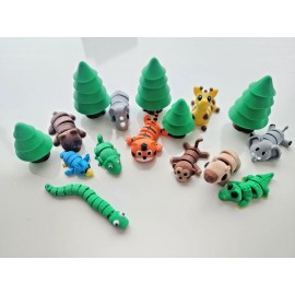 3D Printed Jungle Animals Set – Articulated Toys + Trees + Zipper Pouch