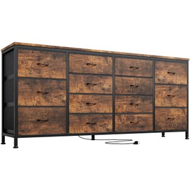 14 Drawer Dresser, 63 Inch Fabric Dresser TV Stand with Power Outlet for 65 70 75 Inch TV, Long Entertainment Center for Bedroom, Closet, Living Room, Entryway