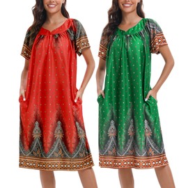 FEREMO 2 Pack House Dresses for Women with Pockets Moo Moos Nightgowns Short Sleeve Mumu Lounge Dress(Set2,XL)