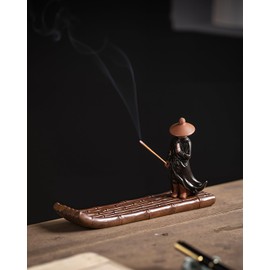 TEAVOR Ceramic Incense Stick Holder with Ash Catcher - Kung Fu Samurai on Bamboo Raft, Chinese & Japanese Home Decor for Meditation, Spa, Yoga