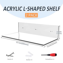 Sezanrpt 12 Inches Clear Small Wall Shelves, Acrylic Bathroom Shelves for Wall, Floating Shelves for Living Room, Funko Pop Shelves, 2 Pack