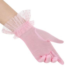 Naibyuki Women's Short Lace Tulle Sheer Mesh Gloves Opera Tea Party Gloves for Wedding Bridal Prom Banquet Costume Pink