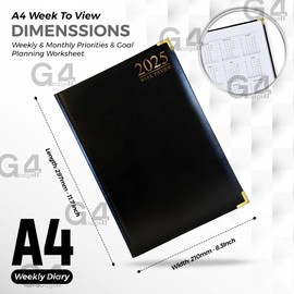 G4GADGET A4 Week To View Diary Black 2025 | Hardback Cover | Weekly Planner with Note Sections | Professional and Durable