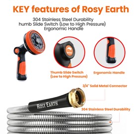Rosy Earth Metal Garden Hose 25ft, Lightweight Steel Water Hose with 8-Mode Wide Nozzle