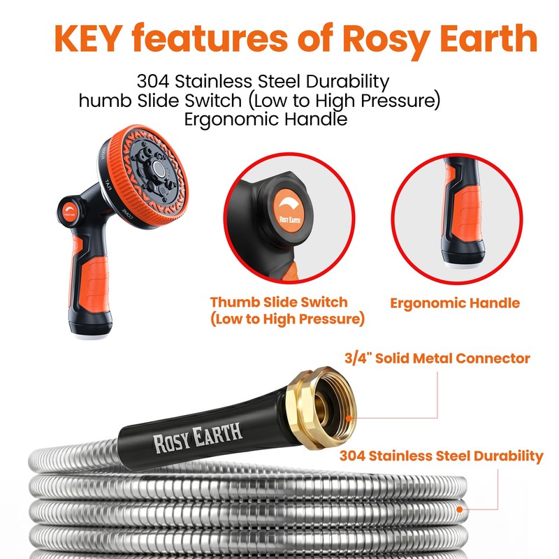 Rosy Earth Metal Garden Hose 25ft, Lightweight Steel Water Hose