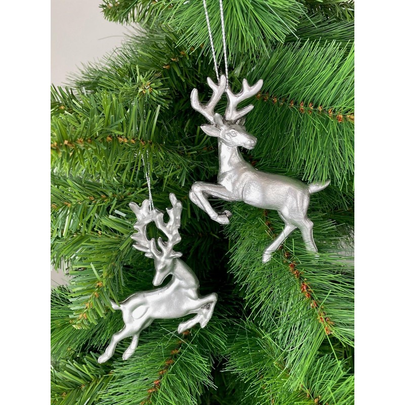 Set of 2 Deer Hanging Silver Christmas Tree Decorations Antique