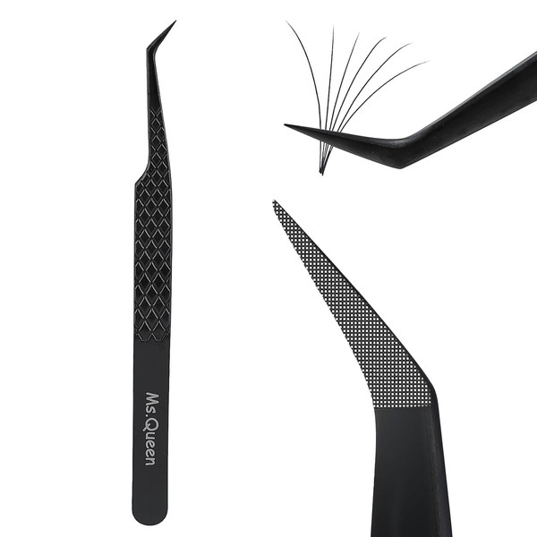 Ms.Queen Lash Extension Tweezers, Professional 45 Degree Fiber Grip Tweezers for Eyelash Extensions,Black