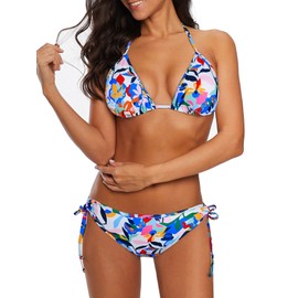 Conjunto de bikini de dos piezas para mujer con tiras halter parte superior triángulo con lazo inferior lateral sexy traje de baño, 21 flores coloridas., Large US 12-14