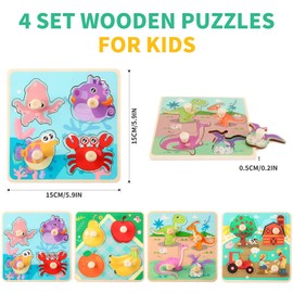 Wooden Puzzles for Kids – 4 Set Chunky Peg Puzzles for Toddlers Aged 3-6, Educational Learning Toys with Farm Animals, Dinosaurs, Fruit & Ocean Themes, Montessori Fine Motor Gifts for Boys & Girls