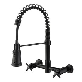 Wall Mount Kitchen Faucet, 8 Inch Center Wall Mount Kitchen Sink Faucet with Pull Down Sprayer, Commercial 2 Handles Kitchen Faucet, Matte Black