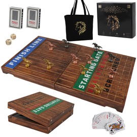 Grhonior Wooden Finish Line Horse Racing Board Game Equipped with 11 Luxury Metal Craft Horses Adult Chessboard Including 2 Sets of Dice and 2 Boxes of Cards Folding Box Game Board(Flame)