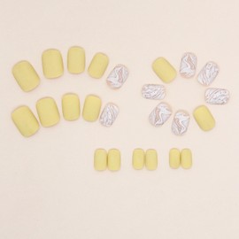 24 Pcs Yellow Press on Nails Short Square Fake Nails Cute Acrylic Nails Full Cover Artificial False Nails with White Ripple Designs Glue on Nails Matte False Nails for Women and Girls Manicure