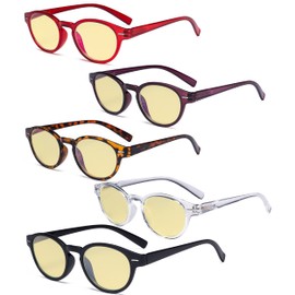Eyekepper 5 Pack Retro Key Hole Oval Round Spring-Hinges Computer Reading Glasses Yellow Tinted +2.25