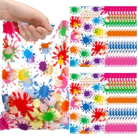 Capoda 100 Pcs Paint Splatter Treat Bags Neon Candy Goodies Bags Colorful Plastic Artist Pouches with Handle Painting Gift Wraps Party Favors Paint Theme Birthday Party Decoration Supplies