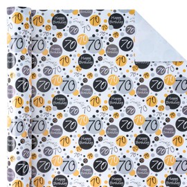 WRAPAHOLIC 70th Birthday Wrapping Paper - Mini Roll - 17 Inch X 33 Feet - Black 70th Birthday Design for Birthday, Party, Holiday