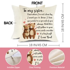 Fjfz to My Sisters Gifts from Sister Brother Decorative Throw Pillow Cover 18 x 18, Christmas Birthday for Girls Baby Kids, Funny Embrace Bear Nursery Sofa Couch Cushion Case Home Decor