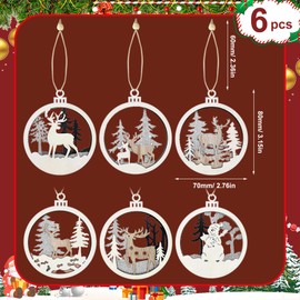 JIUDUOYUAN 6pcs 3D Glitter Reindeer Wood Tree Ornaments Round Wooden Christmas Tree Decorations, Farmhouse Rustic Winter Wonderland Glitter Decorations, Christmas Indoor Hanging Decoration