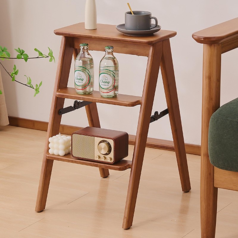 JIKUGO Bamboo Foldable 3-Step Stool Wide Anti-Slip Pedal Sturdy Ladder