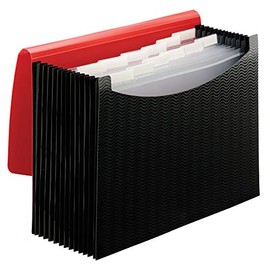 Smead Poly Expanding File Folder, 12 Pockets, 12 Customizable Tiered Tabs, Flap and Cord Closure, Letter Size, Wave Pattern Red/Black (70866)