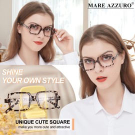 MARE AZZURO Cute Reading Glasses 2.0 Women Designer Square Readers 1.00 1.25 1.50 1.75 2.00 2.25 2.50 2.75 3.00 3.50 4.00 5.00 6.00 (Leopard, 200)
