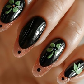 24Pcs Shamrock Press on Nails Medium Almond Fake Nails Lucky Leafs with Rhinestones Glue on Nails Irish Clover False Nails Glitter French Tip Press ons St Patricks Day Stick on Artificial Nails Charms