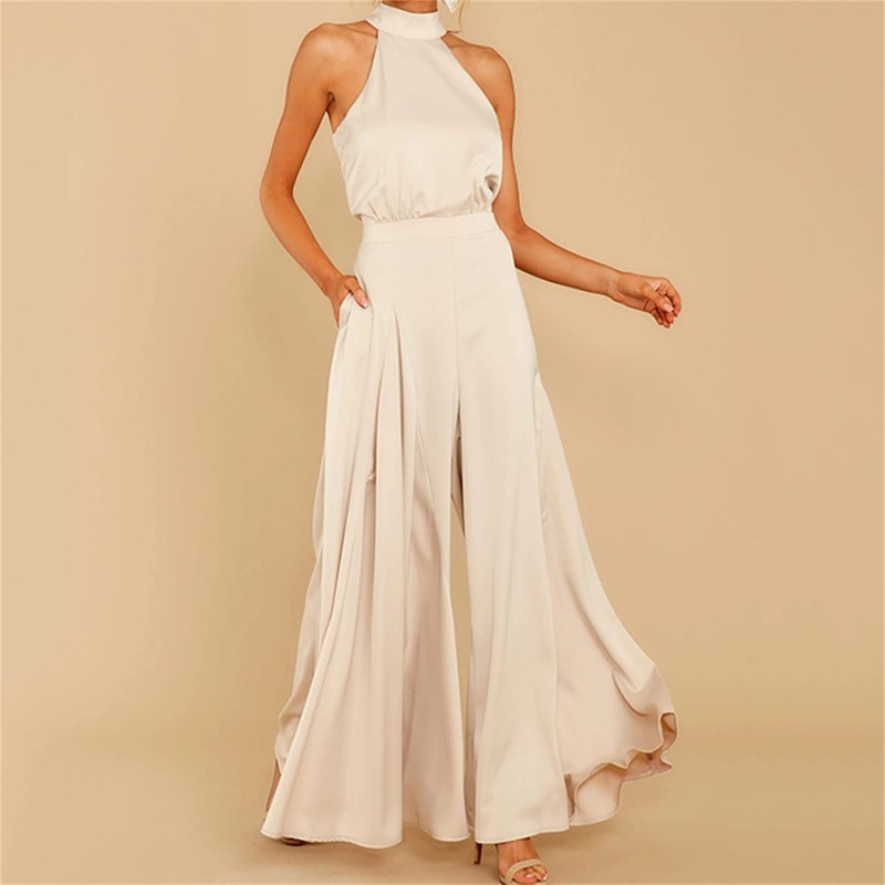 Women Plain Satin Jumpsuit Elegant Summer Halter Off Shoulder Jumpsuit