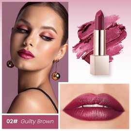 Beauty Searcher Metallic Shine Lipstick, High Impact Lipcolor with Moisturizing Creamy Formula, Vegan & Cruelty-Free, Smooth Full-Coverage Lipstick with a Full Matte Finish (02# Guilty Brown)