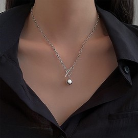 TseenYi Silver Toggle Choker Necklace OT Clasp Necklace Ball Pendant Necklace Chunky Chain Toggle Necklace Paper Clip Chain Toggle Clasp Necklace Vintage Thick OT Necklace