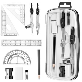 Zonon Math Geometry Set 10 Pcs Student Supplies with Shatterproof Storage Box, Includes Rulers Protractor Compass Pencil Sharpener Lead Refills Eraser Pencil for Drafting and Drawings (Black)