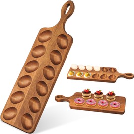 Gosodeny Acacia Wood Deviled Egg Platter with Handles 12 Holes Rectangle Deviled Egg Serving Tray Reversible Charcuterie Board Serving Platter Easter Chrismas Thanksgiving Holiday Gatherings