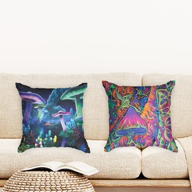 Ulticool - Cushion Cover - Mushroom Mushroom - Set of 2 Designs - 45 cm x 45 cm - Decorative Cushion without Filling - Cushion Cover Accessories for Sofa/Bed - Neon Blue Black