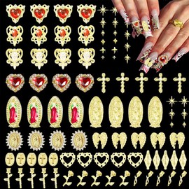 COOSLIM 80 pcs 3D Gold Nail Charms Virgin Mary Nail Charms San Judas Nail Charms with Crosses, Roses, Bows, and Red Heart Rhinestones Virgencita Nail Charms Y2K San Judas Nail Charms 4