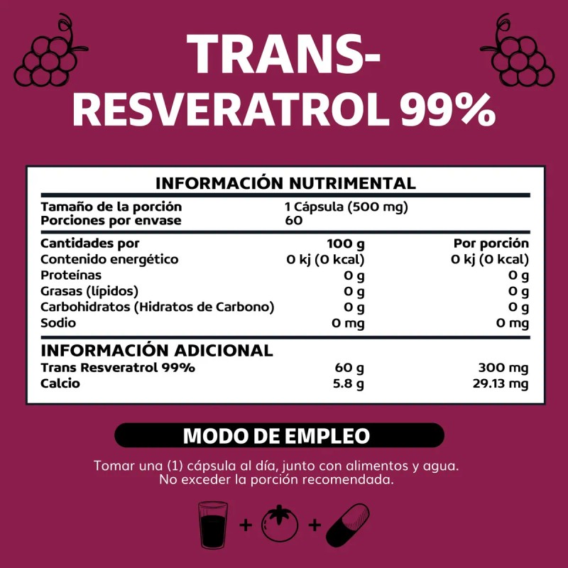 Trans - Resveratrol Capsulas 99% Con Calcio | Alta Concentración