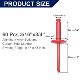 sourcing map 60Pcs 3/16"x3/4" Aluminum Blind Rivets, Aluminum Grip and Steel Mandrel, Large Flange Fastener Rivets for Metal, Furniture, Automotive, Red