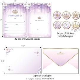 Cheerland Purple Invitations Birthday with Envelopes Stickers Floral Crown Princess Invites for Lavender Quinceanera Girls Bday Invite Cards Baby Shower Bridal Wedding Sweet 16 Party Supplies 12pcs