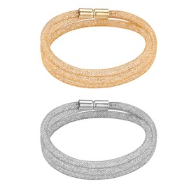 JewelryWe Multi-Layer Wrap Bracelet for Women Fashion Hollow Mesh Belt Rhinestone Bracelet with Magnetic Buckle,2PCS