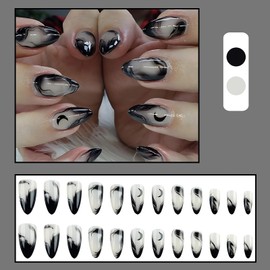 Press On Nails Almond Fake Nails Black Gradient Acrylic Nail With Glossy Shiny Design Press On Nails Kit Artificial Fake Nails Moon Stick On Nails Press On Nails For Women 24pcs