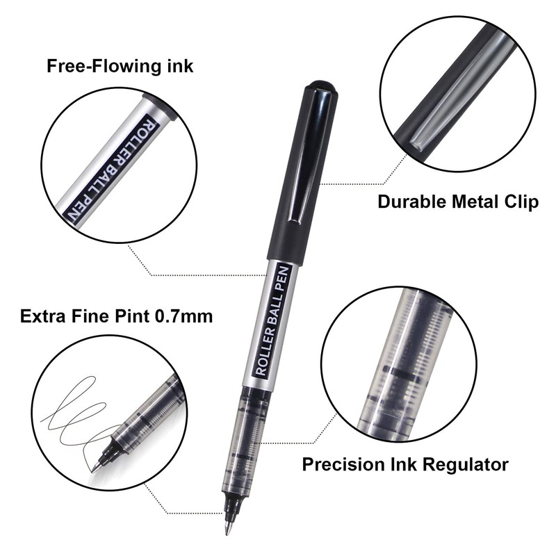 Black Ballpoint Pen, Pack of 25 Rollerball Pens, 0.7 mm