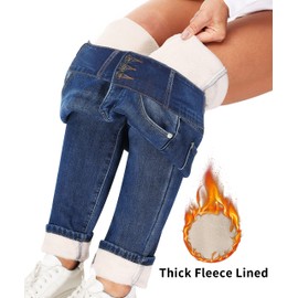 Fleece Lined Jeans Women Thermal Flannel Lined Jeans 3 Buttons Winter Warm Skinny Stretch Denim Pants (Dark Blue, US 12)