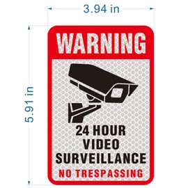 5 Pieces 24 Hours Video Recording Surveillance No Trespassing Sign Sticker. Self Adhesive 5.9 X 4 Inch, It Is Made of Reflective Film,Printed With UV Ink,Waterproof and Sunscreen, Not Fade.